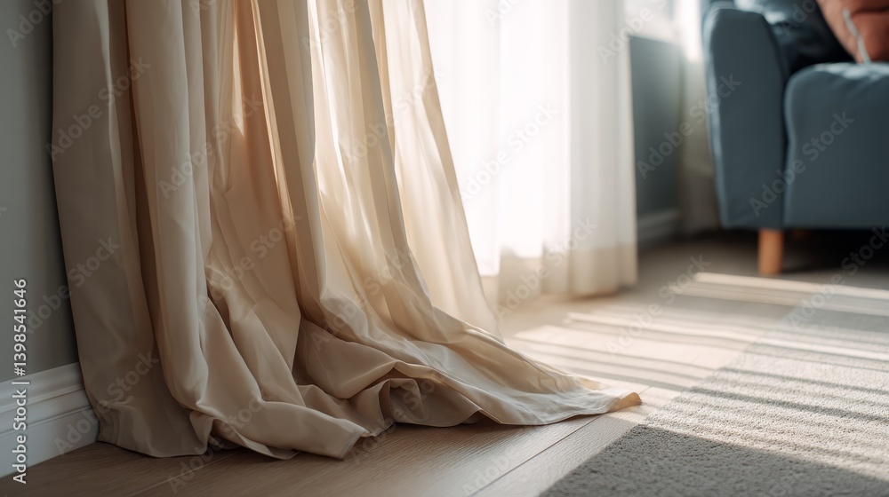 Poster Golden light gently diffuses through a sheer beige drape next to a frosted pane, creating a warm, inviting atmosphere in the room filled with soft shadows