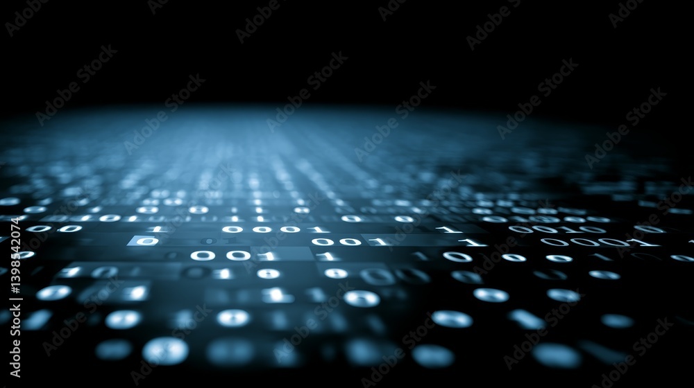 Fototapete A glowing blue holographic chart pulses on a dark screen while faint binary code streams vertically, highlighting advanced digital insights in a contemporary setting