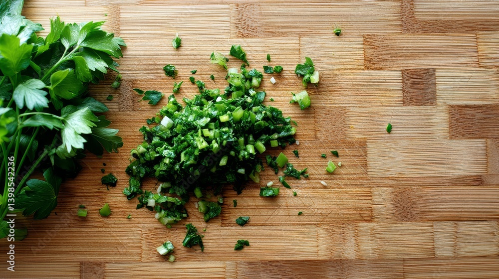 Poster finely chopped herbs create a vibrant green heap on a smooth wooden surface, complemented by the org