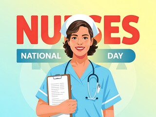 A smiling nurse celebrates National Nurses Day, holding a clipboard and stethoscope, a vibrant tribute to healthcare heroes with a cheerful pastel background.