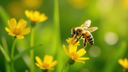 A honeybee diligently gathers nectar from a vibrant yellow flower, surrounded by a lush field of blossoms bathed in the warm glow of sunlight.