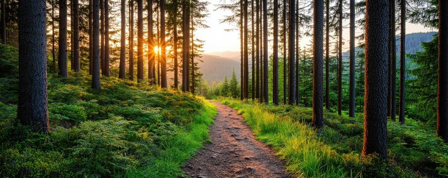 World environment day with conservation and action idea. Serene forest path illuminated by sunset rays.