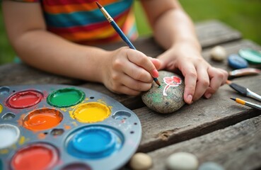 Child paints colorful flower on stone with brush. Artwork made with acrylic paints. Home activities, preschool creative projects. Handmade decoration. DIY art lesson at home kindergarten. Enjoy