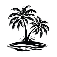 Black Silhouette of Two Palm Trees on an Island with Water Waves. Minimalist design