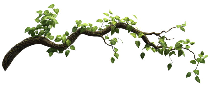 Curving Vine Branch with Lush Green Leaves, Isolated on Transparent Background, Digital Painting, Nature Clipart, Vine, Branch, Leaves
