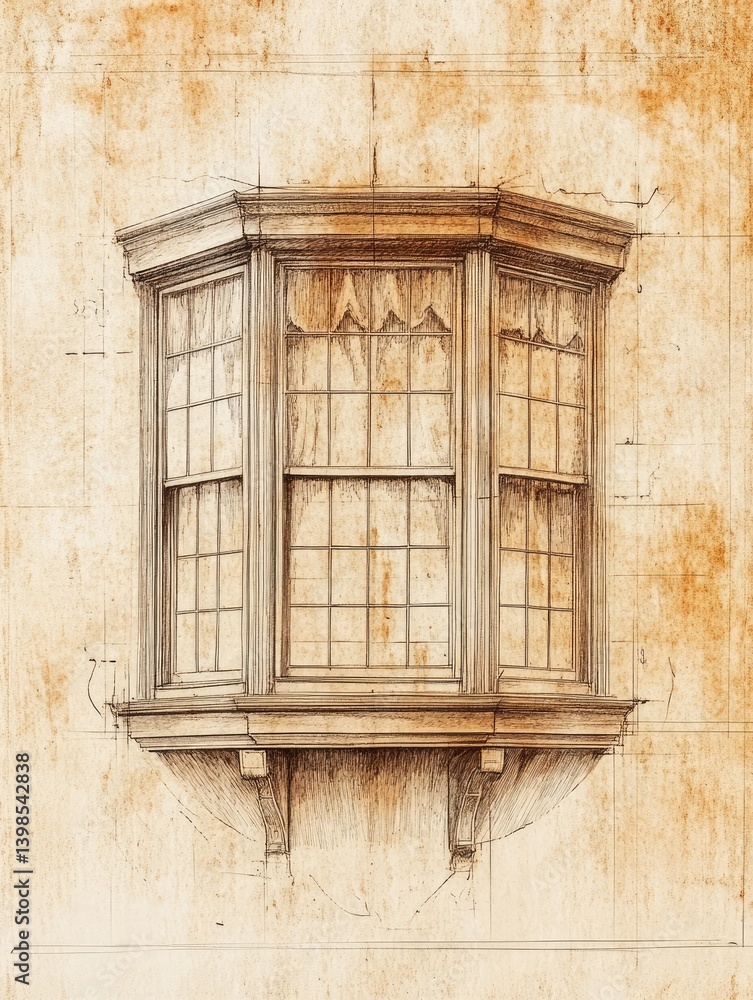 Poster architectural sketch of a bay window with a distressed paper texture. detailed linework depicts the 