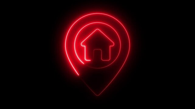Neon location with house icon and location map pin animation. glowing gps location icon animation GPS icon vector logo design. Map pointer icon. Pin location symbol .on a white background