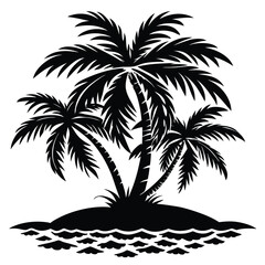 Black silhouette of two palm trees on a small island with ocean waves simple design