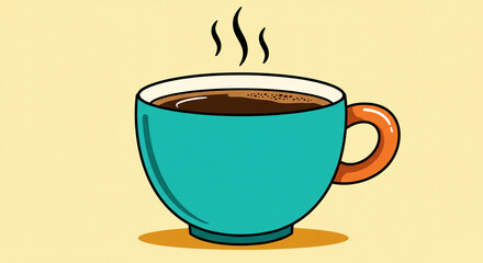 Obraz premium A steaming cup of coffee, a comforting morning ritual, inviting warmth and a moment of peaceful escape with bold teal and orange hues.