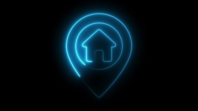 Neon location with house icon and location map pin animation. glowing gps location icon animation GPS icon vector logo design. Map pointer icon. Pin location symbol .on a white background
