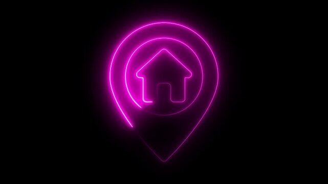 Neon location with house icon and location map pin animation. glowing gps location icon animation GPS icon vector logo design. Map pointer icon. Pin location symbol .on a white background