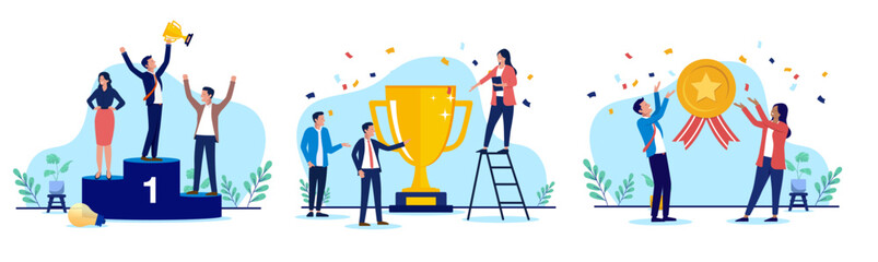 Business winner people and trophy vector collection - Set of illustration graphics with businesspeople winning and celebrating triumph. People accomplishment and achievement concept in flat design