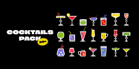 Cartoon stickers of colorful cocktails and refreshing drinks. Doodle elements of tropical beverages, fruit garnishes, ice cubes, and party vibes. Vector trendy illustration for summer, bar menu