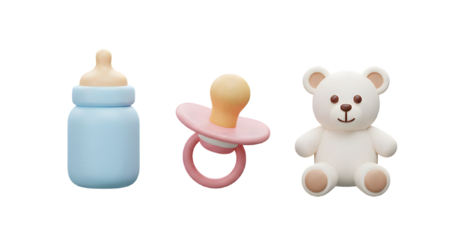A baby bottle, a pink pacifier, and a white teddy bear arranged on a black background in a simple style