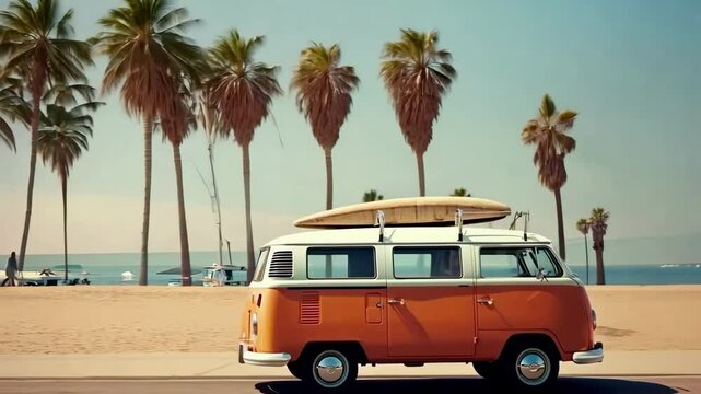Retro beach scene with a vintage van and surfboard, shot from a side angle. Video captures a nostalgic, carefree summer vibe. Live desktop wallpaper.