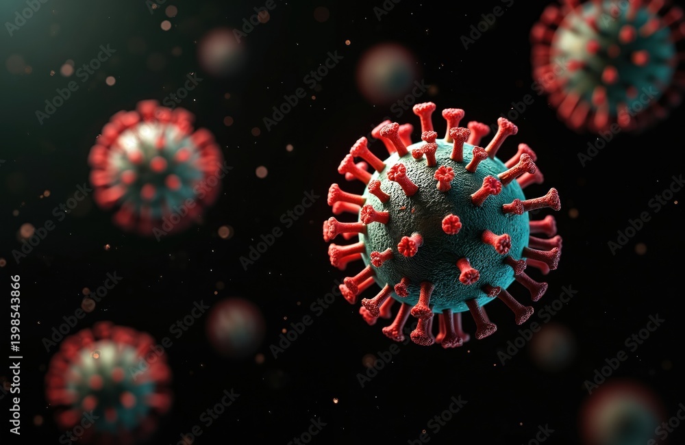 Poster 3d rendering of a red virus cell with a spiked surface. medical illustration showing flu, infection,