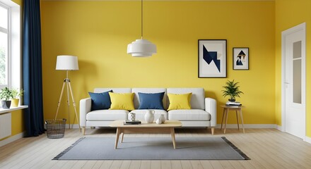 Scandinavian Modern living room with yellow color arm tone interior and stylish furniture