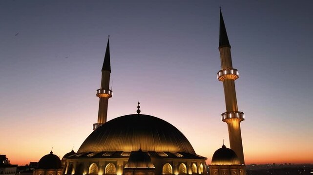 Taksim Mosque (Taksim Camii) in the Sunset Drone Video, İstiklal Street Taksim Square, Istanbul Turkiye (Turkey)