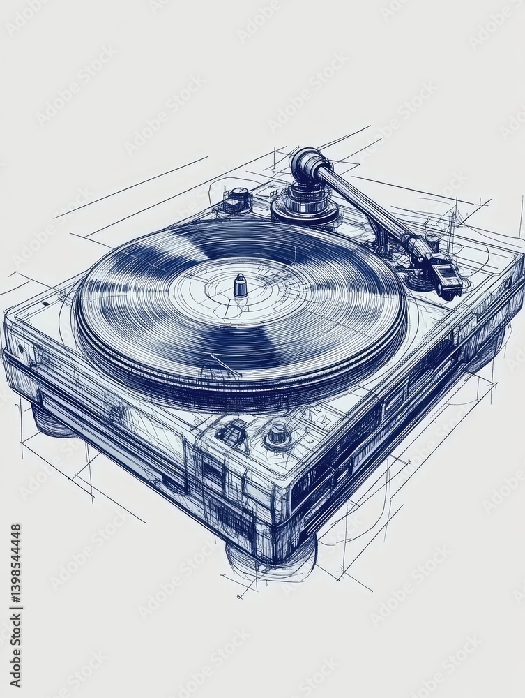 Aufkleber detailed illustration of a turntable. depiction shows the device in a pointillism style using blue i