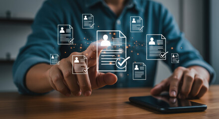 Streamline Hiring: Man Taps Digital Resumes for Seamless HR Efficiency & Talent Acquisition on Mobile. Modern Recruitment, Review & Selection!