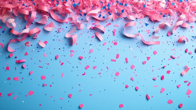 A pastel light blue background with confetti and ribbons.