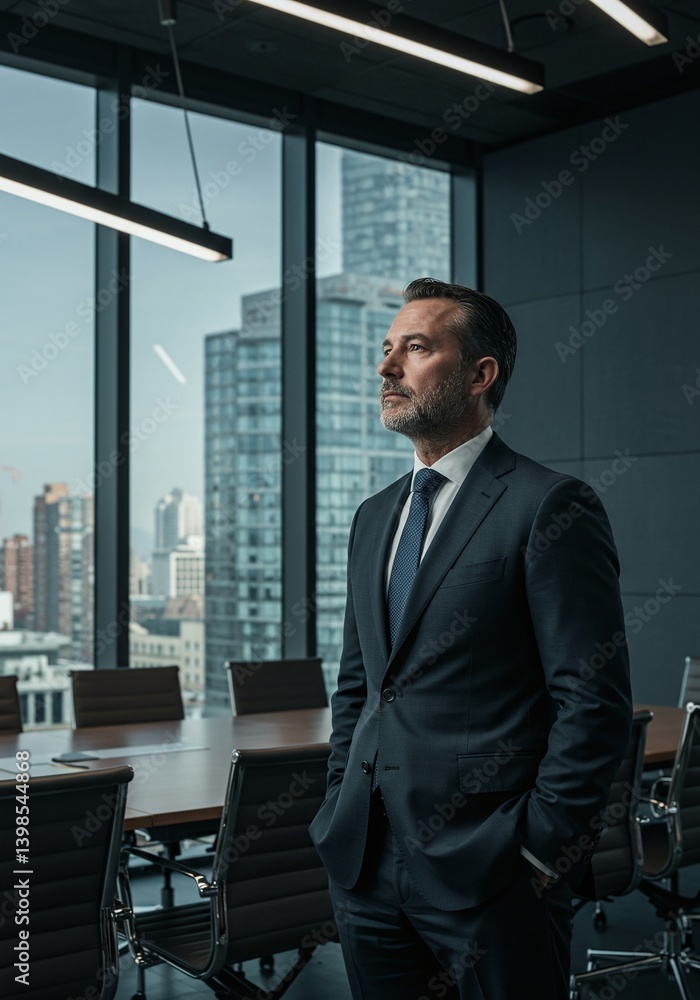 Poster a sophisticated man in a suit gazes out of a window with a thoughtful expression in an office settin