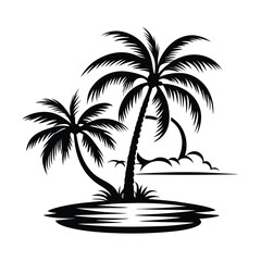 Black Silhouette Tropical Palm Tree, Small Island, Stars, Ocean Waves, Minimalist Design