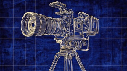 Detailed blueprint illustration of a camera on a tripod against a dark blue textured background. Technical drawing aesthetic with white lines.