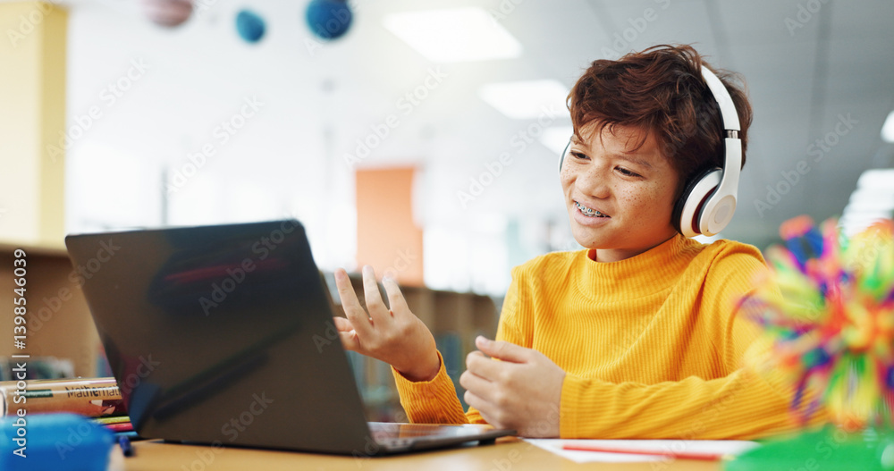 Poster kid, library and headphones with laptop for video call, e learning or online class for question. vir