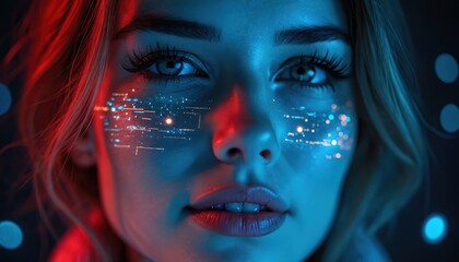 Close-up portrait woman face. Futuristic digital overlay of lines, glowing lights. Neon glow, blue, red color. Cyberpunk, tech, ai, artificial intelligence concept. Innovation in progress. Human,