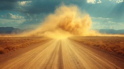Dusty desert road under dramatic sky