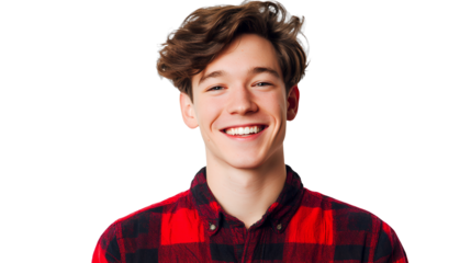 a young man in a red plaid shirt smiling for a portrait on a transparent background, PNG image, PNG file, Generative art.