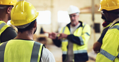 Conversation, foreman and construction team on site for planning with building, maintenance or repair. Discussion, engineering and workers with contractor for property development with renovation.