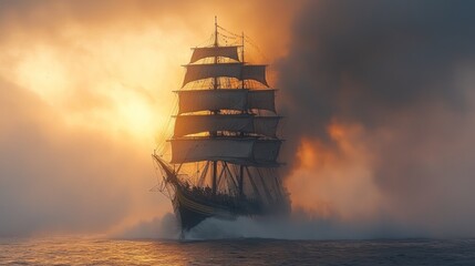 Fototapeta premium Majestic Sailing Ship at Sunset in Misty Ocean