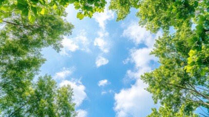 Fototapeta premium Blue Sky Lush Green Canopy Vibrant Nature High Definition Wide Angle View Fresh Foliage Upward Gaze Serene Peaceful Outdoors Calming Spring Tones Ideal for Eco Projects