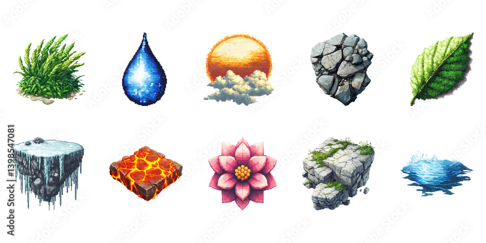 Poster nature elements pixel art set. environmental and natural phenomena pixelated collection. isolated on