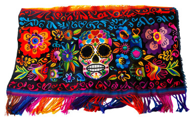 Day of the Dead Themed Mexican Blanket Isolated on Transparent Background PNG.