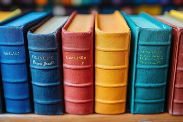 Colorful vintage books lined up on shelf