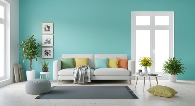 Scandinavian Modern living room with blue color, cool and  calm tone with furniture and contemporary design