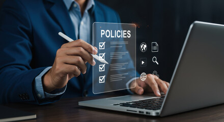 Policy Compliance: Man Checks Digital Checklist on Laptop. Business Policies, Corporate Governance, Regulations & Standards. Modern Digital Workflow