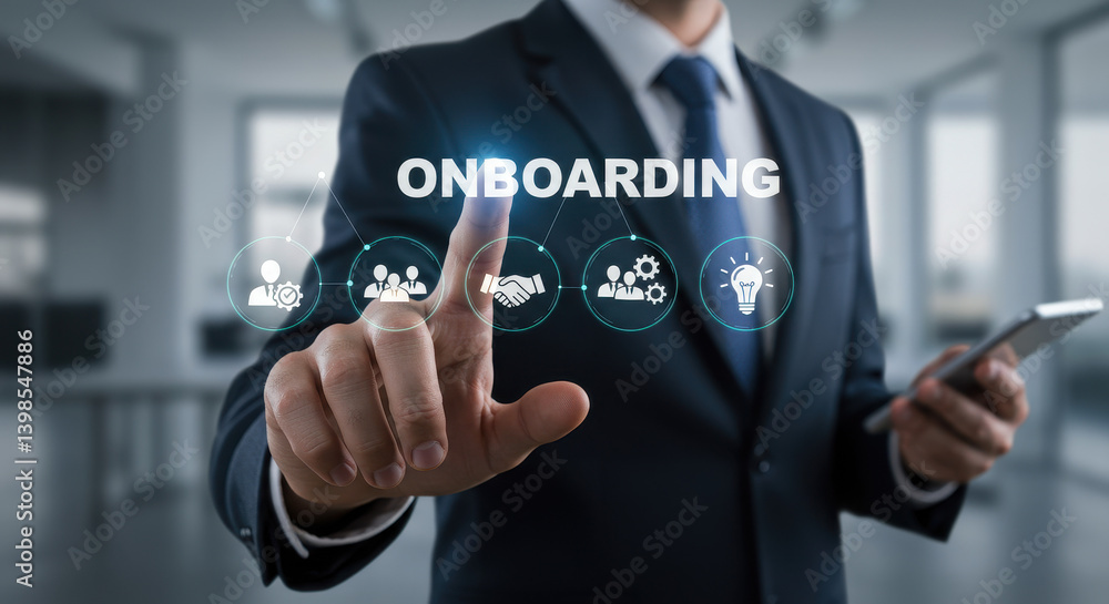 Aufkleber onboarding success: businessman navigating new hire process with digital interface for efficient hr 