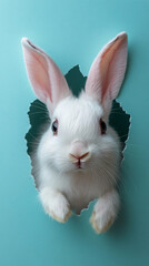 Obraz premium cute bunny peeking out of hole in paper banner 