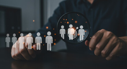Target Audience Search: Finding the Right People, Customer Segmentation, Recruitment, and Business Focus with Magnifying Glass Concept