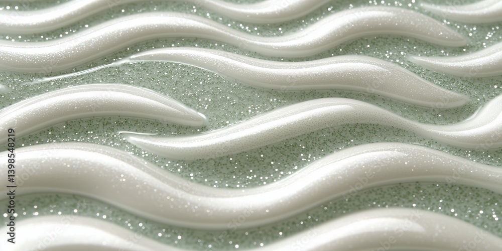 Poster wave patterns of white gel on shimmering green surface create an artistic texture during a creative 