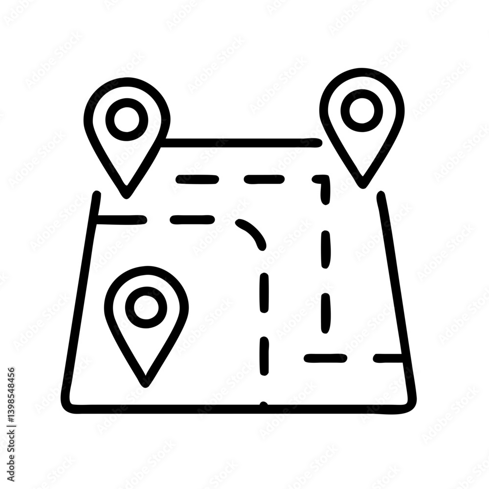 Poster map with location pins and route navigation for gps tracking and destination planning concept