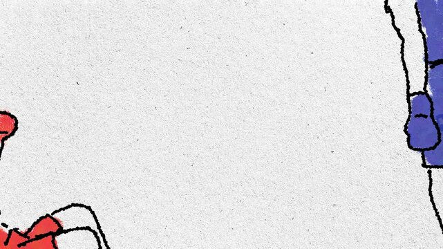 Animation of a fight between two boxers on a textured background.