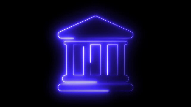 Neon glowing bank building icon animation on black background Futuristic neon bank building with dollar icon. Financial growth and dollar coin icon isolated on black background. Increasing revenue 