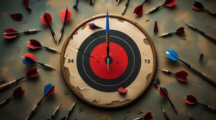 Vintage Dartboard with Scattered Darts and Worn Rustic Appeal