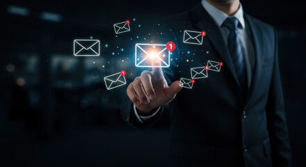 Email Overload: Businessman Manages Inbox with Touch. Get Organized Now!