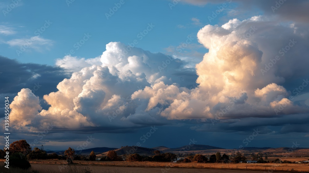Poster cumulus clouds glow with sunset hues as they drift over open farmland, casting shadows and creating 